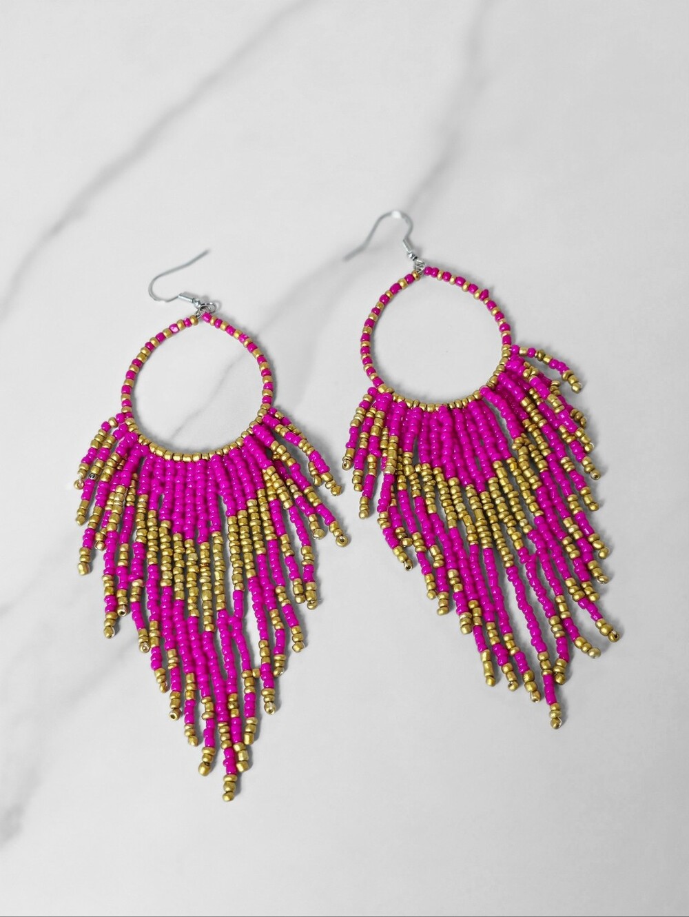 Handmade Jikka Southwestern Boho Fringe Beaded Earrings - Pink Gold
